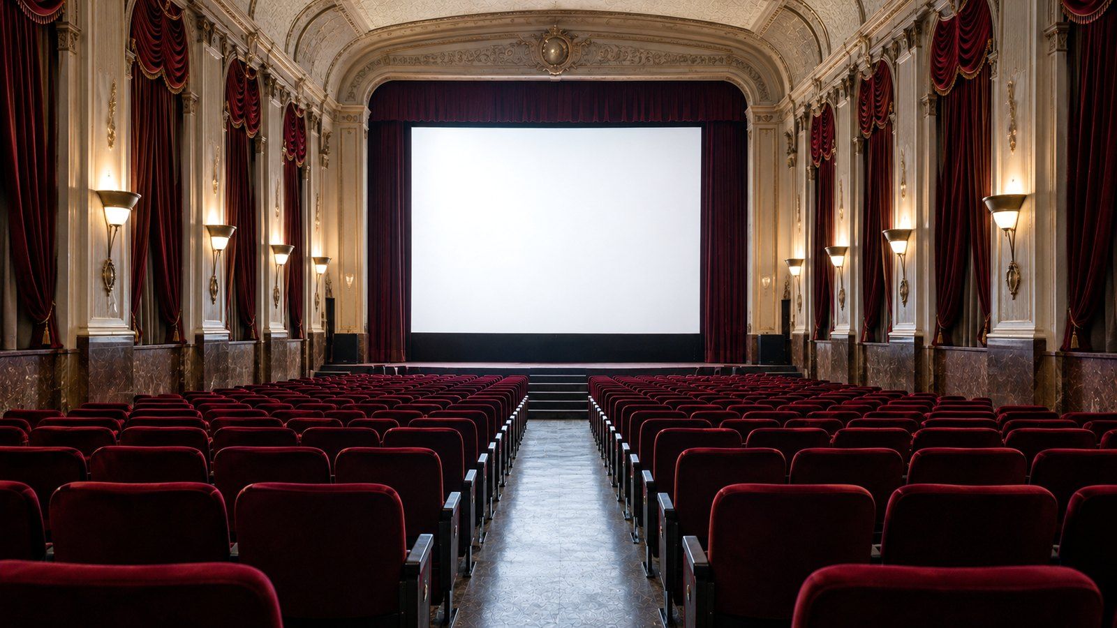 Sala cinematografica storica deserta, poltrone rosse e schermo bianco, immagine d'insegna della sezione Cinema & Spettacoli