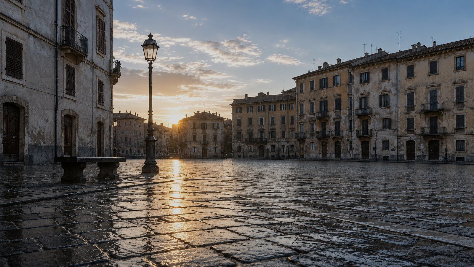 Piazza cittadina deserta all'alba, selciato bagnato e un lampione acceso davanti ai palazzi, immagine d'insegna della sezione Cronache