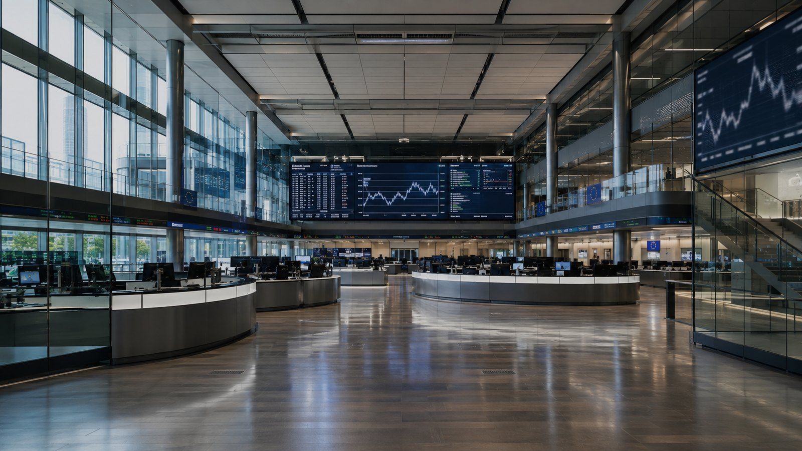 Sala operativa deserta, con i tabelloni dei mercati accesi in fondo, immagine d'insegna della sezione Economia e Mercati