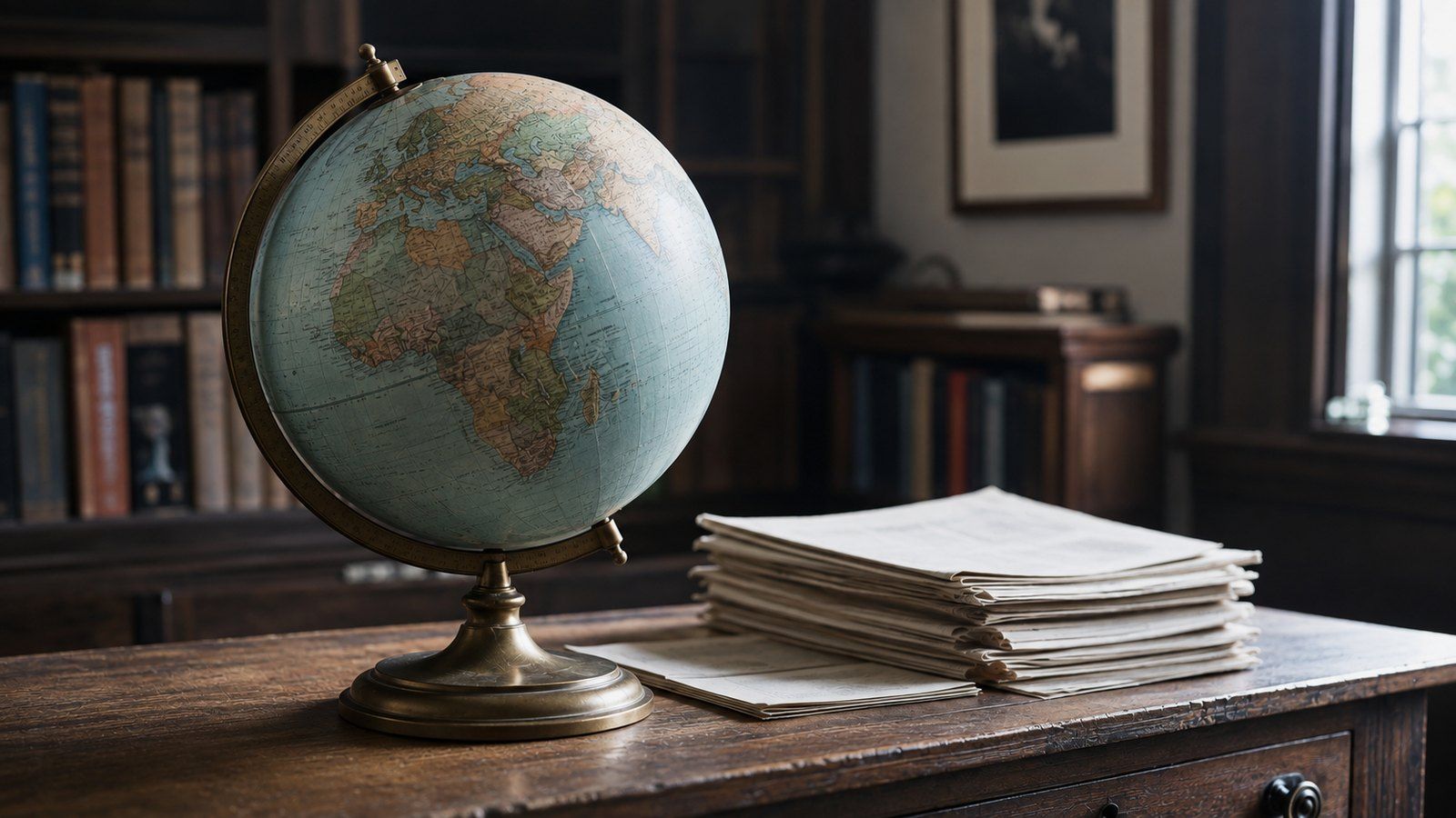 Mappamondo su una scrivania di legno accanto a una pila di documenti, in uno studio foderato di libri, immagine d'insegna della sezione Esteri