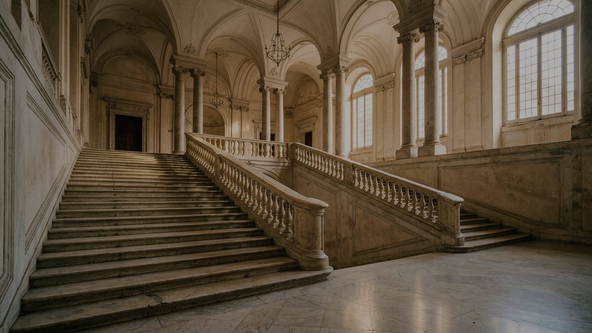 Scalinata di marmo deserta in un palazzo istituzionale, con colonne e luce dalle finestre alte, immagine d'insegna della sezione Italia