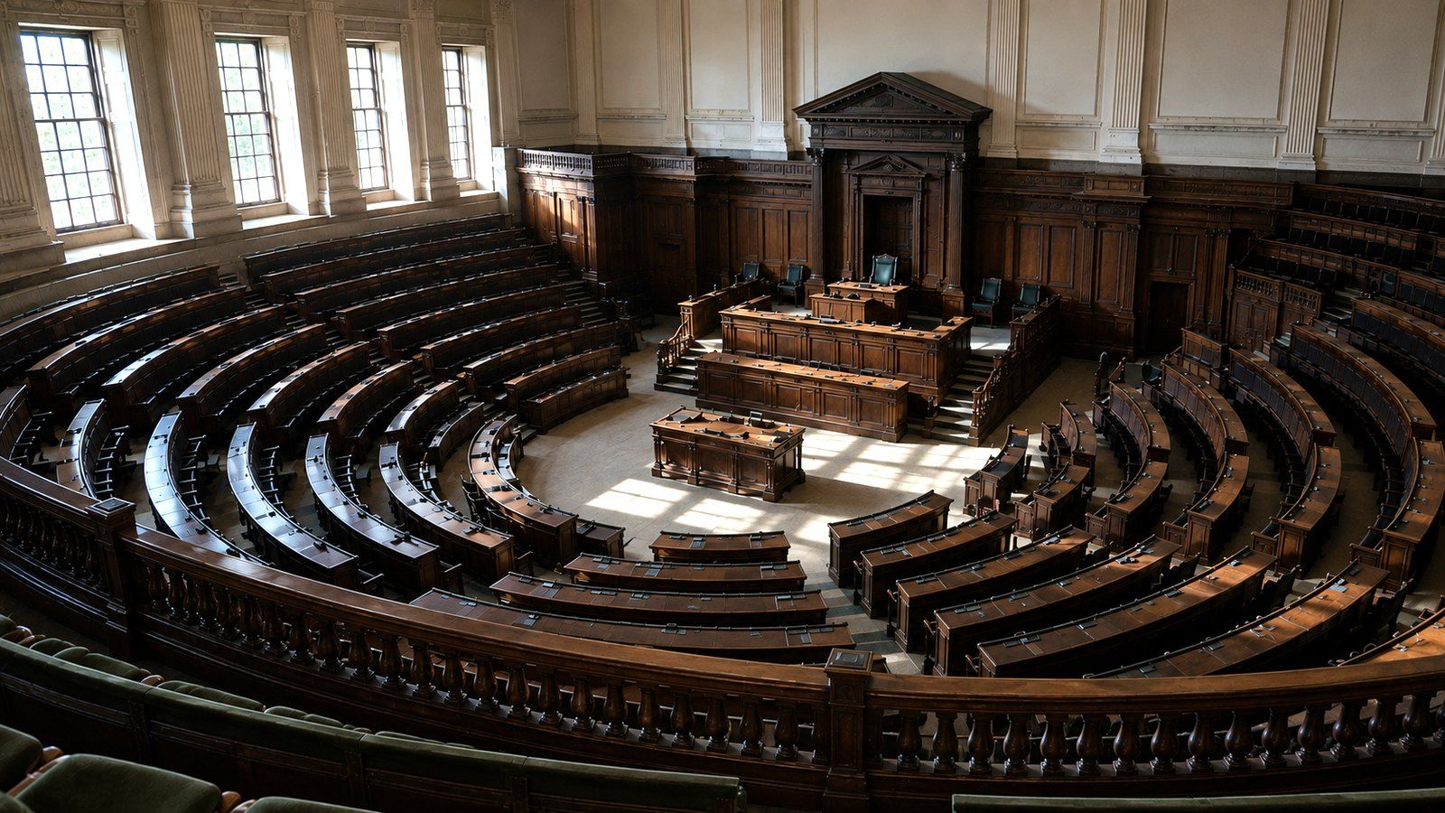 Aula parlamentare deserta, con gli scranni di legno disposti in semicerchio, immagine d'insegna della sezione Politica e Geopolitica