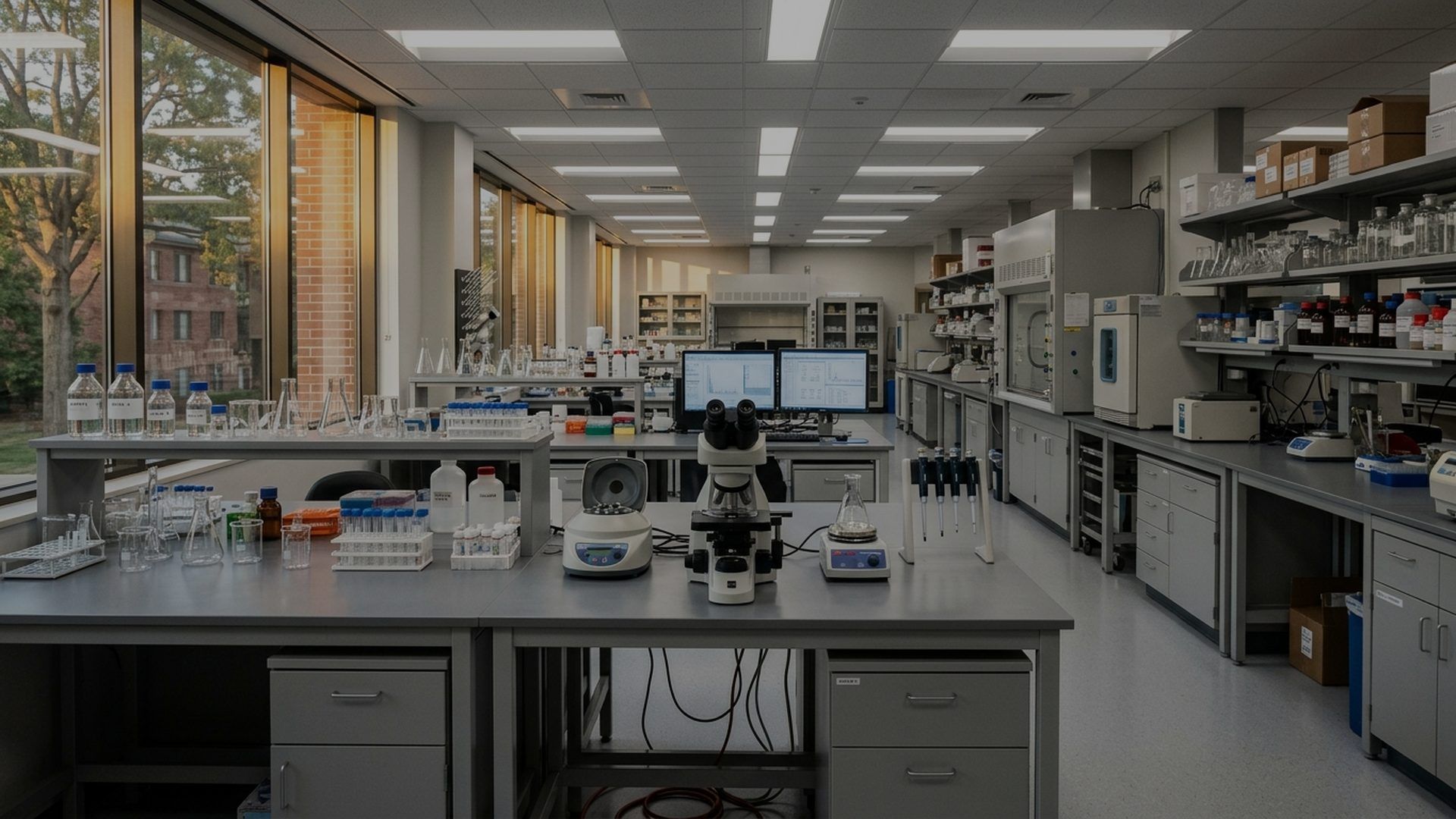 Laboratorio di ricerca deserto, banconi con vetreria e un microscopio nella luce del pomeriggio, immagine d'insegna della sezione Salute