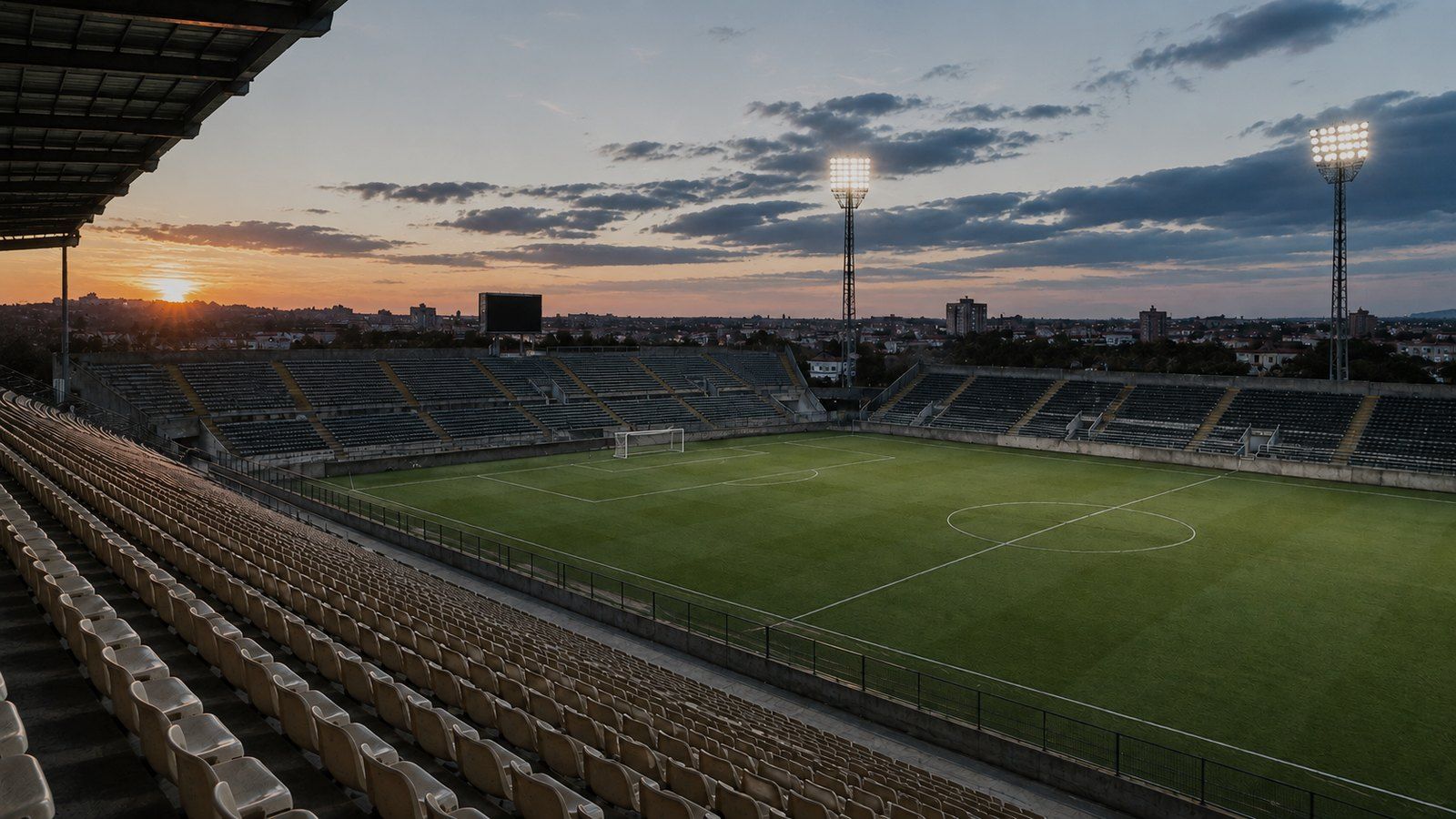 Stadio vuoto al tramonto, con le torri faro accese sul campo, immagine d'insegna della sezione Sport