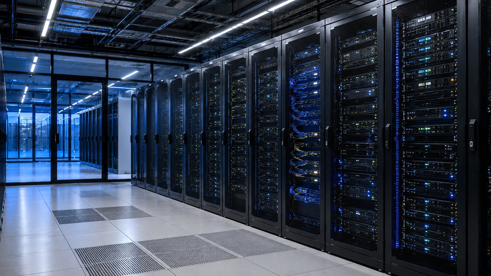 Corridoio di un centro dati, file di armadi server con le spie accese, immagine d'insegna della sezione Tech & AI